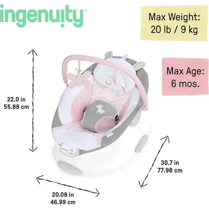 Ingenuity RahatlatıcıAna Kucağı, Sesler ve Titreşimler, 0-6 Ay, 9 kgya Kadar - Flora the Unicorn (Pembe)