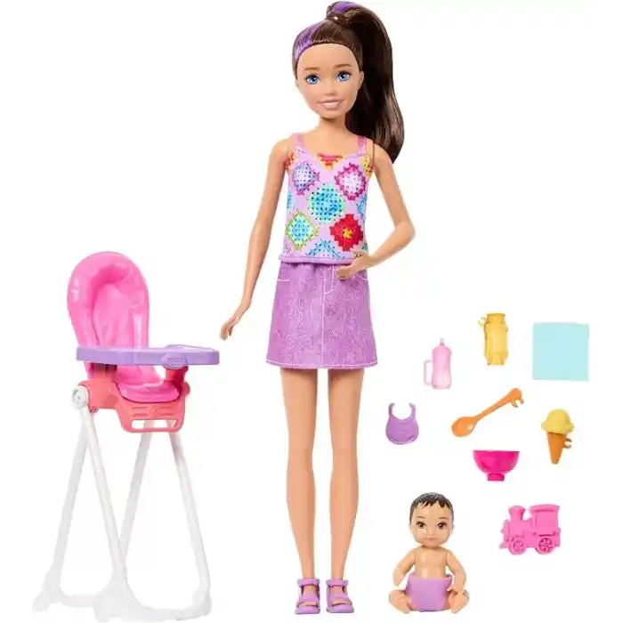 Barbie Bebek Bakıcısı Skipper oyun seti, kahverengi saçlı yetişkin ve küçük bebek, mama sandalyesi ve yiyecek dahil 8 aksesuar, JJB44