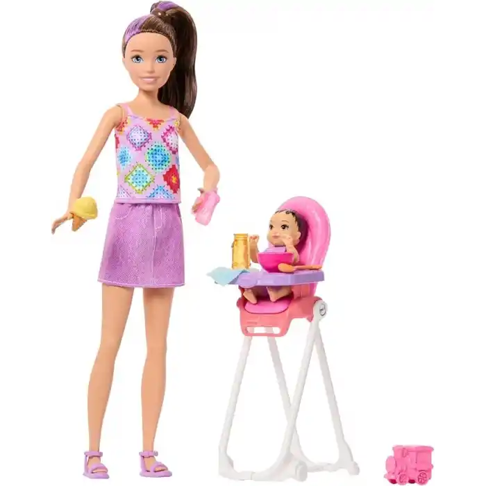 Barbie Bebek Bakıcısı Skipper oyun seti, kahverengi saçlı yetişkin ve küçük bebek, mama sandalyesi ve yiyecek dahil 8 aksesuar, JJB44