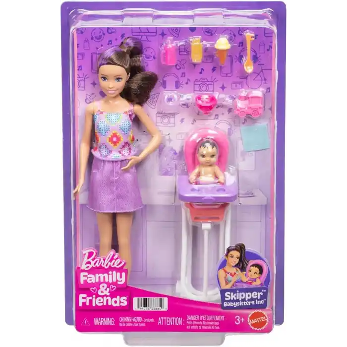 Barbie Bebek Bakıcısı Skipper oyun seti, kahverengi saçlı yetişkin ve küçük bebek, mama sandalyesi ve yiyecek dahil 8 aksesuar, JJB44