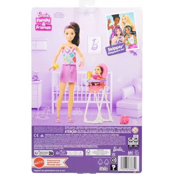 Barbie Bebek Bakıcısı Skipper oyun seti, kahverengi saçlı yetişkin ve küçük bebek, mama sandalyesi ve yiyecek dahil 8 aksesuar, JJB44