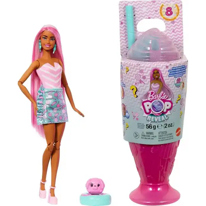 Barbie Pop Reveal Serisi bebek ve aksesuar seti, Atıştırmalık Serisi, Lolipop Düşkünü Şeker Kız ve evcil hayvanı, renk değişimi dahil 8 sürpriz, JFY62