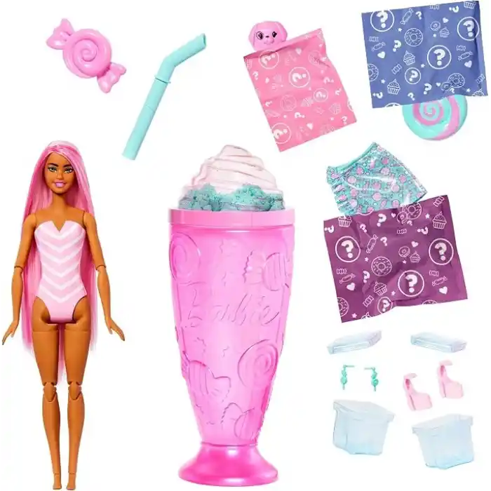 Barbie Pop Reveal Serisi bebek ve aksesuar seti, Atıştırmalık Serisi, Lolipop Düşkünü Şeker Kız ve evcil hayvanı, renk değişimi dahil 8 sürpriz, JFY62