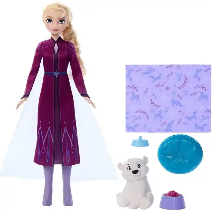 Mattel Disney Karlar Ülkesi Elsa Bebek ve Yavru Ayıcık Figürü, ayıcığın yatağı ve battaniyesi dahil 4 aksesuar, JFG16