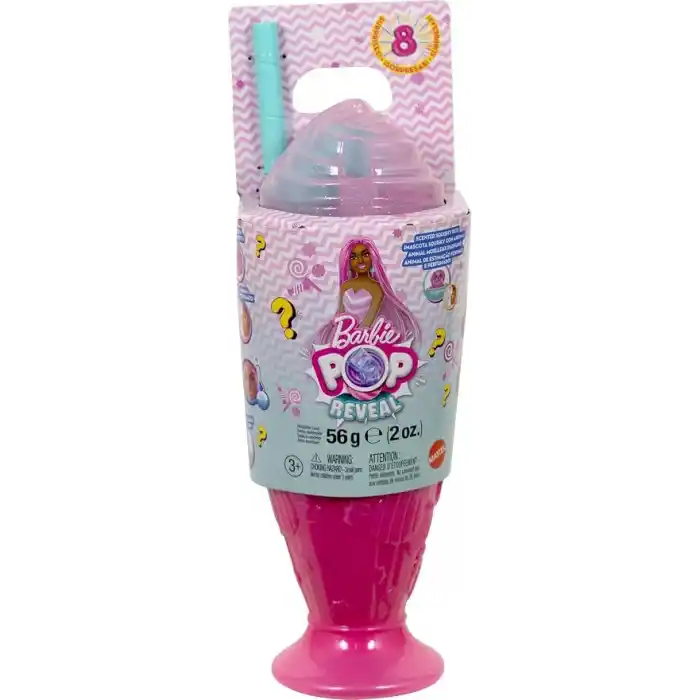 Barbie Pop Reveal Serisi bebek ve aksesuar seti, Atıştırmalık Serisi, Lolipop Düşkünü Şeker Kız ve evcil hayvanı, renk değişimi dahil 8 sürpriz, JFY62