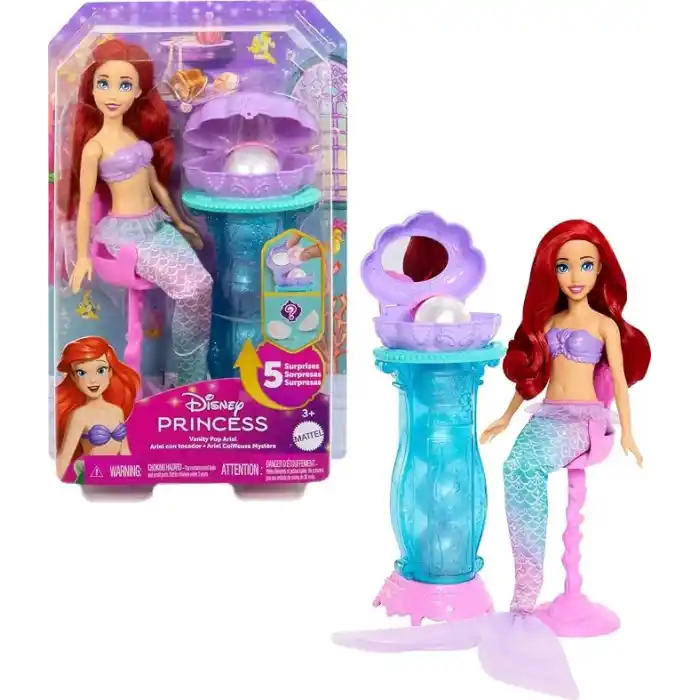 Mattel Disney Prensesi oyuncakları, kuyruğu çıkarılabilir Ariel Vanity Pop deniz kızı bebek, tekrarlanabilir 5 sürprize sahip makyaj masası ve 5 aksesuar, JBF86