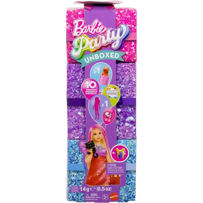 Barbie Parti Paketi bebek ve aksesuarlar, Muhteşem Parti serisi, renk değişimi dahil 10 sürpriz, kırmızı renk ve ışıltı teması, JFY68