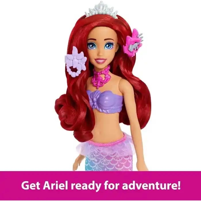 Mattel Disney Prensesi oyuncakları, kuyruğu çıkarılabilir Ariel Vanity Pop deniz kızı bebek, tekrarlanabilir 5 sürprize sahip makyaj masası ve 5 aksesuar, JBF86
