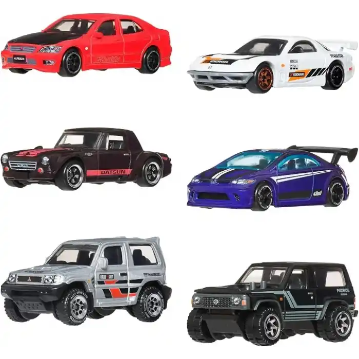 Hot Wheels 1:64 ölçekli metal oyuncak arabalar, özel süslemelere sahip 6lı Japon aracı seti (Stiller çeşitlilik gösterebilir), JLB23