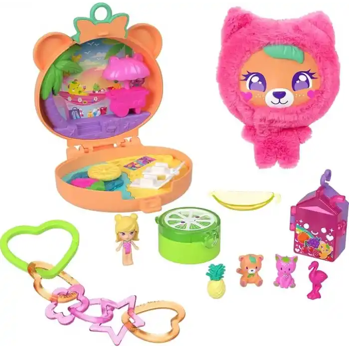 Polly Pocket bebek ve evcil hayvan oyun seti, Sevimli Ayıcık mini oyun seti, anahtarlık ve pelüş, meyve temalı aksesuarlar ve tılsımlar, JKC79
