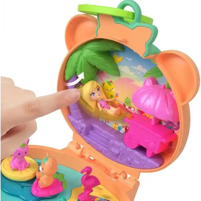 Polly Pocket bebek ve evcil hayvan oyun seti, Sevimli Ayıcık mini oyun seti, anahtarlık ve pelüş, meyve temalı aksesuarlar ve tılsımlar, JKC79