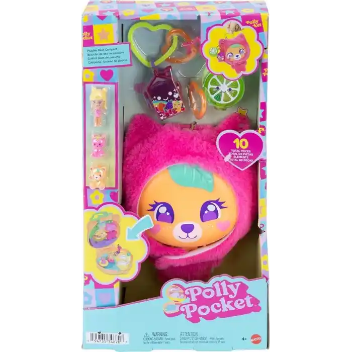 Polly Pocket bebek ve evcil hayvan oyun seti, Sevimli Ayıcık mini oyun seti, anahtarlık ve pelüş, meyve temalı aksesuarlar ve tılsımlar, JKC79