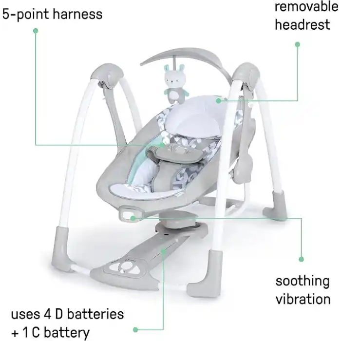 Ingenuity ConvertMe 2si 1 Arada Kompakt Taşınabilir Bebek Salıncağı ve Bebek Koltuğu, Akülü Titreşimler, Otomatik Sallanma, Doğa Sesleri - 9 kga kadar