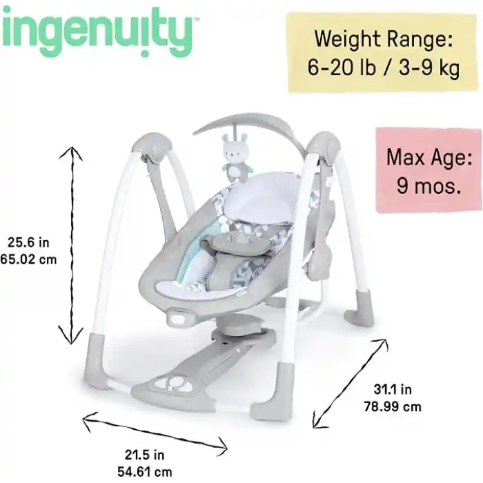 Ingenuity ConvertMe 2si 1 Arada Kompakt Taşınabilir Bebek Salıncağı ve Bebek Koltuğu, Akülü Titreşimler, Otomatik Sallanma, Doğa Sesleri - 9 kga kadar