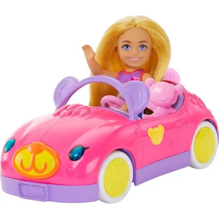 Barbie Chelsea Araç Barbie Chelsea araç seti, sarışın küçük bebek, oyuncak araba ve ayıcık aksesuarı HXN05