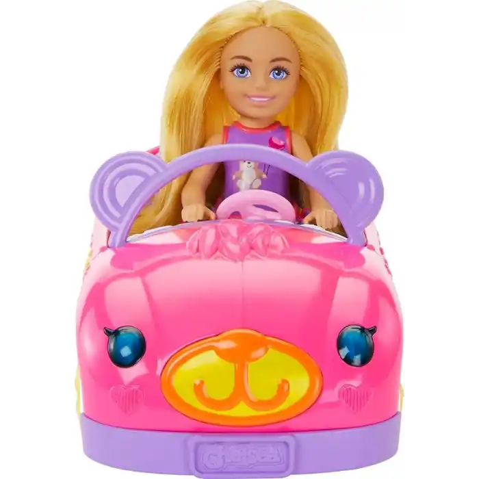 Barbie Chelsea Araç Barbie Chelsea araç seti, sarışın küçük bebek, oyuncak araba ve ayıcık aksesuarı HXN05