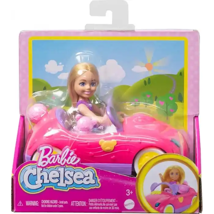 Barbie Chelsea Araç Barbie Chelsea araç seti, sarışın küçük bebek, oyuncak araba ve ayıcık aksesuarı HXN05
