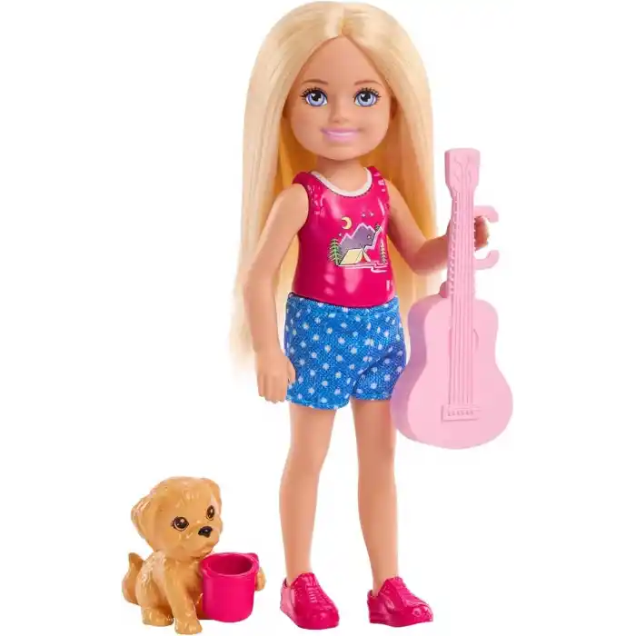 Barbie Chelsea Aile ve Dostlar Doğa Maceraları oyun seti, küçük sarışın bebek, oyuncak köpekçik ve 5ten fazla kamp aksesuarı, JJV61