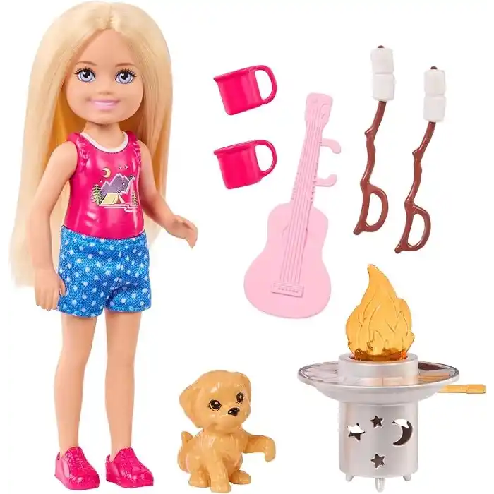 Barbie Chelsea Aile ve Dostlar Doğa Maceraları oyun seti, küçük sarışın bebek, oyuncak köpekçik ve 5ten fazla kamp aksesuarı, JJV61