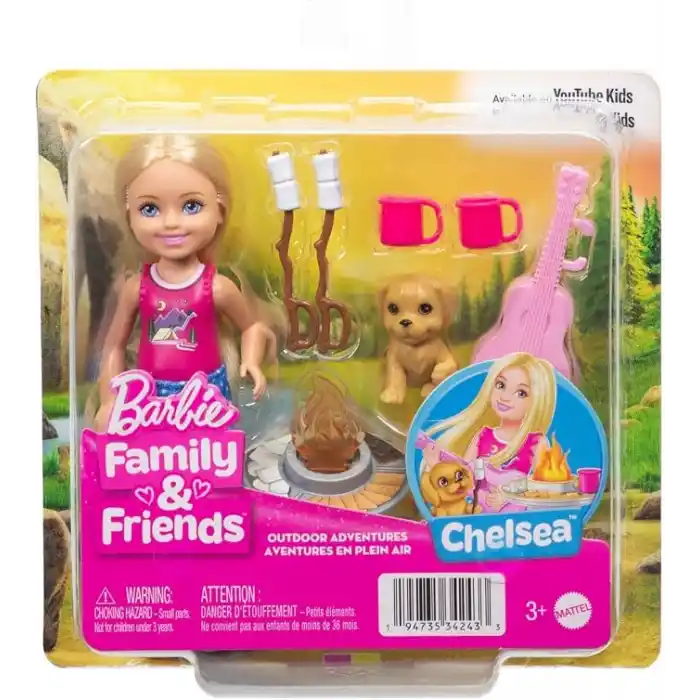 Barbie Chelsea Aile ve Dostlar Doğa Maceraları oyun seti, küçük sarışın bebek, oyuncak köpekçik ve 5ten fazla kamp aksesuarı, JJV61