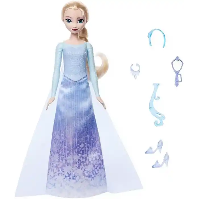Disney filminden ilham alan Mattel Disney Karlar Ülkesi Eğlenceli Sürprizler Elsa bebek seti, 5 aksesuar, 5 çıkartma ve 1 oyun alanı içeren 11 sürpriz, JBG59