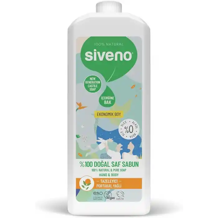 Siveno %100 Doğal Sıvı Kastil Sabun Portakal Yağlı Yoğun Nemlendirici Arındırıcı Bitkisel Vegan 1000 ml