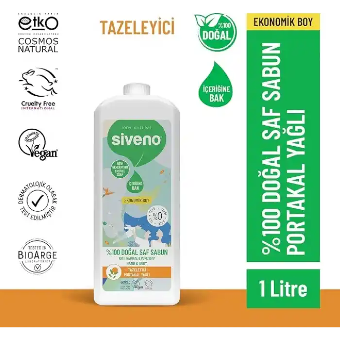 Siveno %100 Doğal Sıvı Kastil Sabun Portakal Yağlı Yoğun Nemlendirici Arındırıcı Bitkisel Vegan 1000 ml