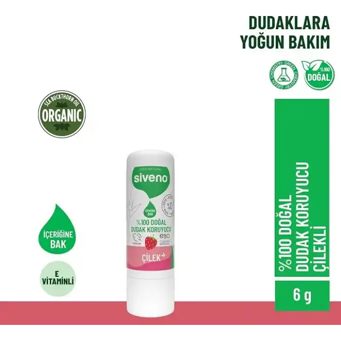 Siveno%100 Doğal Dudak Koruyucu Çilek Bitkisel Lipbalm Dudak Kremi Nemlendirici Parlatıcı Onarıcı 6G