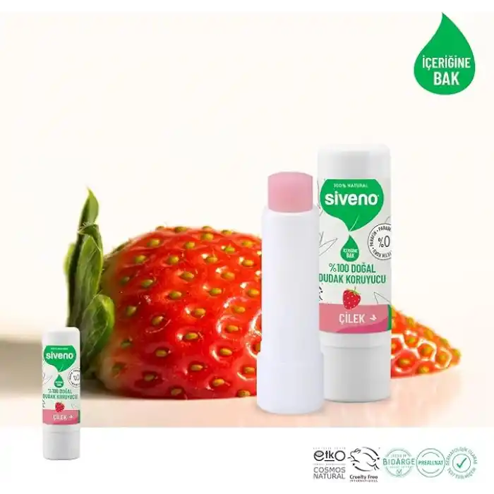 Siveno%100 Doğal Dudak Koruyucu Çilek Bitkisel Lipbalm Dudak Kremi Nemlendirici Parlatıcı Onarıcı 6G