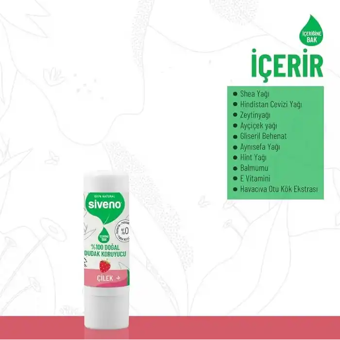 Siveno%100 Doğal Dudak Koruyucu Çilek Bitkisel Lipbalm Dudak Kremi Nemlendirici Parlatıcı Onarıcı 6G