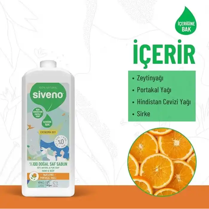 Siveno %100 Doğal Sıvı Kastil Sabun Portakal Yağlı Yoğun Nemlendirici Arındırıcı Bitkisel Vegan 1000 ml