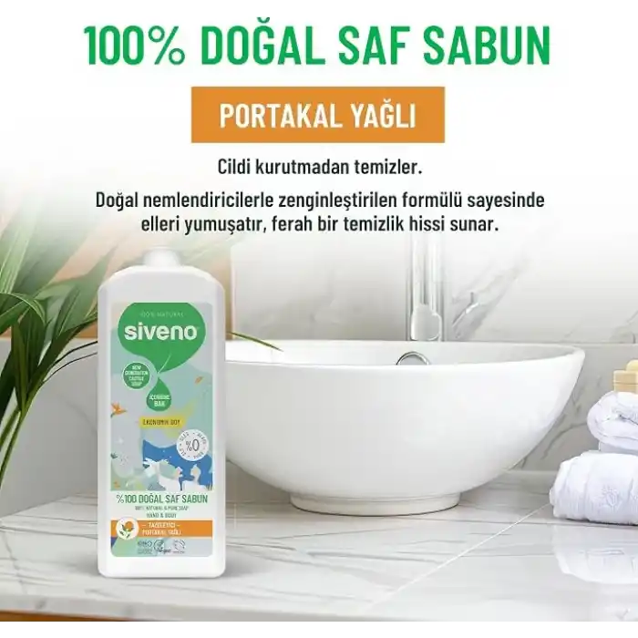 Siveno %100 Doğal Sıvı Kastil Sabun Portakal Yağlı Yoğun Nemlendirici Arındırıcı Bitkisel Vegan 1000 ml