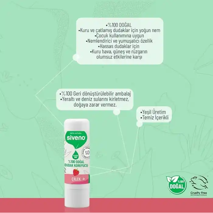 Siveno%100 Doğal Dudak Koruyucu Çilek Bitkisel Lipbalm Dudak Kremi Nemlendirici Parlatıcı Onarıcı 6G