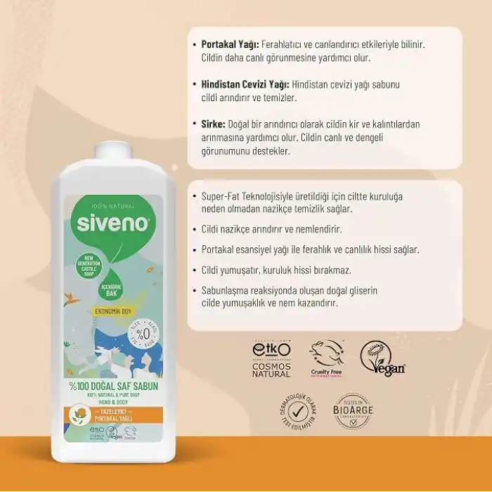 Siveno %100 Doğal Sıvı Kastil Sabun Portakal Yağlı Yoğun Nemlendirici Arındırıcı Bitkisel Vegan 1000 ml