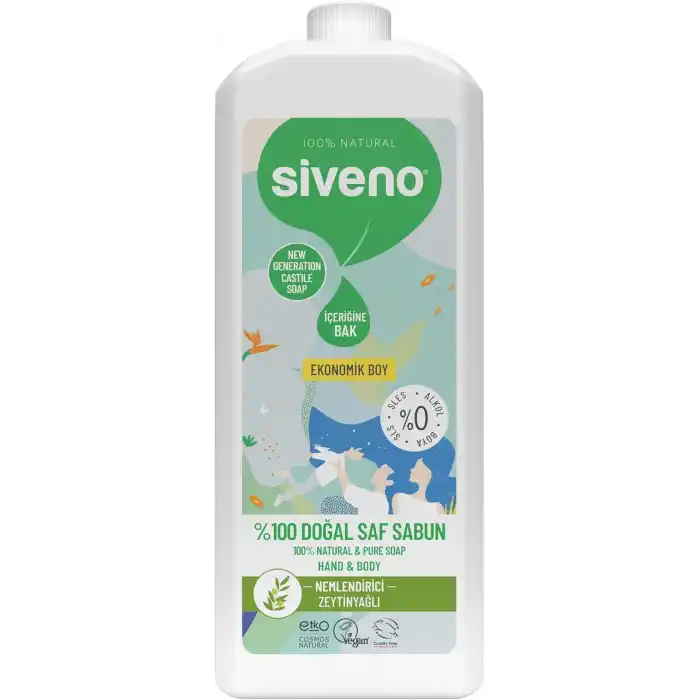 Siveno%100 Doğal Sıvı Kastil Sabun Zeytinyağlı Yoğun Nemlendirici Arındırıcı Bitkisel Vegan 1000 ml