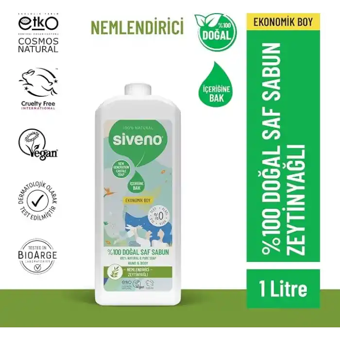Siveno%100 Doğal Sıvı Kastil Sabun Zeytinyağlı Yoğun Nemlendirici Arındırıcı Bitkisel Vegan 1000 ml