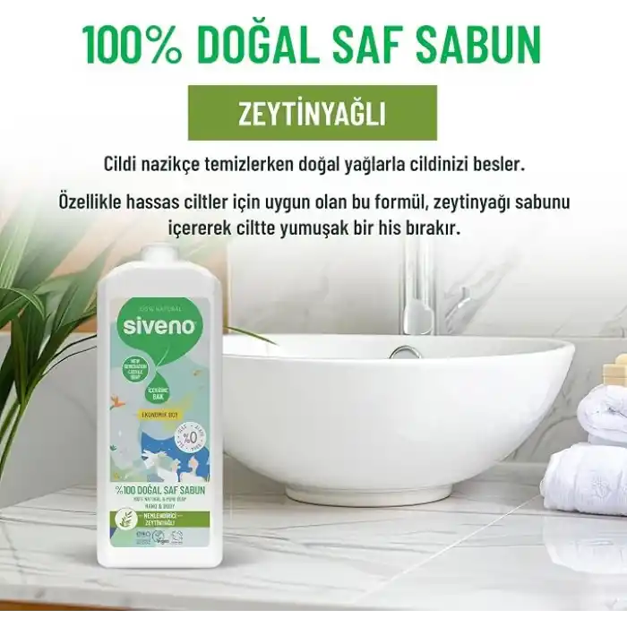 Siveno%100 Doğal Sıvı Kastil Sabun Zeytinyağlı Yoğun Nemlendirici Arındırıcı Bitkisel Vegan 1000 ml
