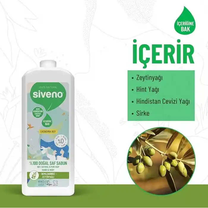Siveno%100 Doğal Sıvı Kastil Sabun Zeytinyağlı Yoğun Nemlendirici Arındırıcı Bitkisel Vegan 1000 ml