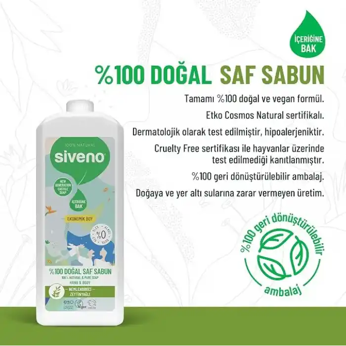 Siveno%100 Doğal Sıvı Kastil Sabun Zeytinyağlı Yoğun Nemlendirici Arındırıcı Bitkisel Vegan 1000 ml