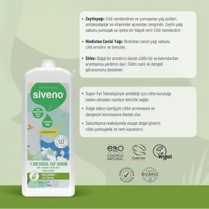 Siveno%100 Doğal Sıvı Kastil Sabun Zeytinyağlı Yoğun Nemlendirici Arındırıcı Bitkisel Vegan 1000 ml