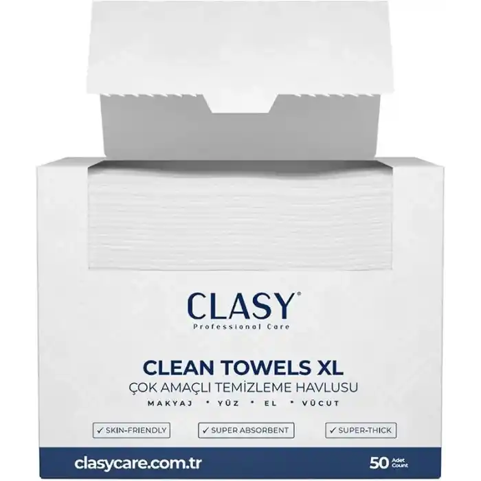 CLASYCARE Clean Towels XL – 50’li Tek Kullanımlık Yüz Havlusu | Ultra Yumuşak, Hijyenik Cilt Bakım ve Makyaj Temizleme Bezi | Hassas Ciltler İçin Dayanıklı ve Seyahat Dostu Bezler