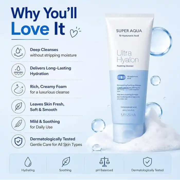 MISSHA 10 Çeşit Hyalüronik Asit İçeren Makyaj Temizleme Köpüğü200ml Super Aqua Ultra Hyalron Cleansing Foam