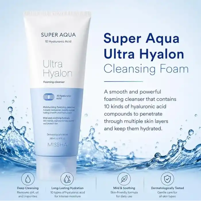 MISSHA 10 Çeşit Hyalüronik Asit İçeren Makyaj Temizleme Köpüğü200ml Super Aqua Ultra Hyalron Cleansing Foam