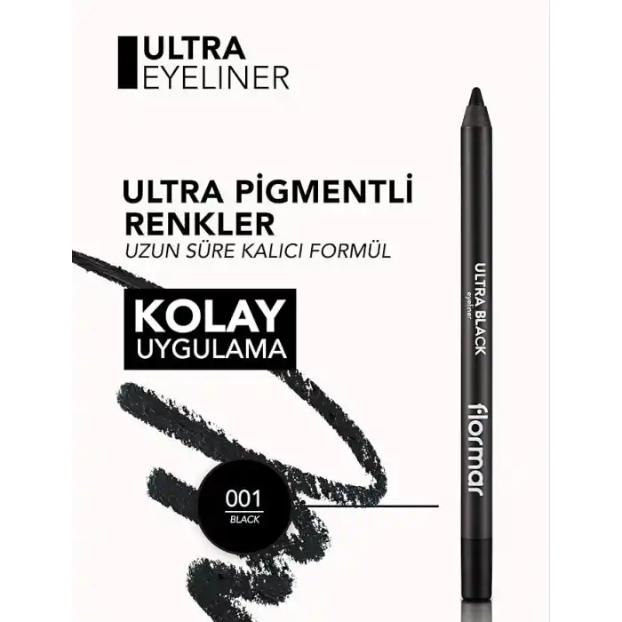 Flormar Yoğun Renk Veren Yumuşak Uçlu Göz Kalemi (SİYAH) - Ultra Eyeliner - 001 Black - 8690604081431