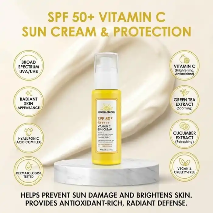 Maruderm SPF 50+ C Vitaminli Güneş Kremi – Aydınlatıcı ve Nemlendirici Geniş Spektrum Güneş Koruyucu, Hyaluronik Asit & Seramid ile, 50 ML