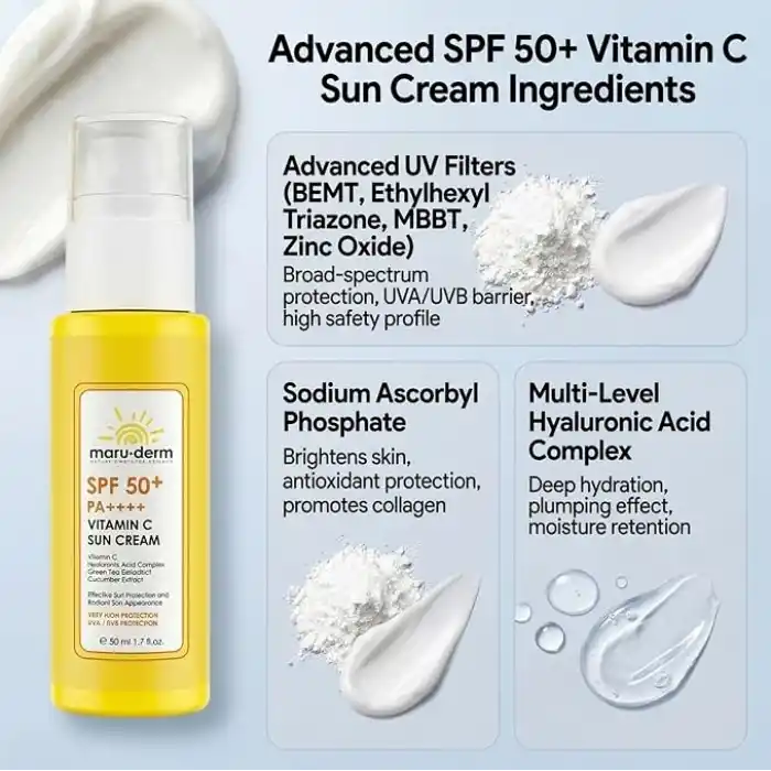 Maruderm SPF 50+ C Vitaminli Güneş Kremi – Aydınlatıcı ve Nemlendirici Geniş Spektrum Güneş Koruyucu, Hyaluronik Asit & Seramid ile, 50 ML