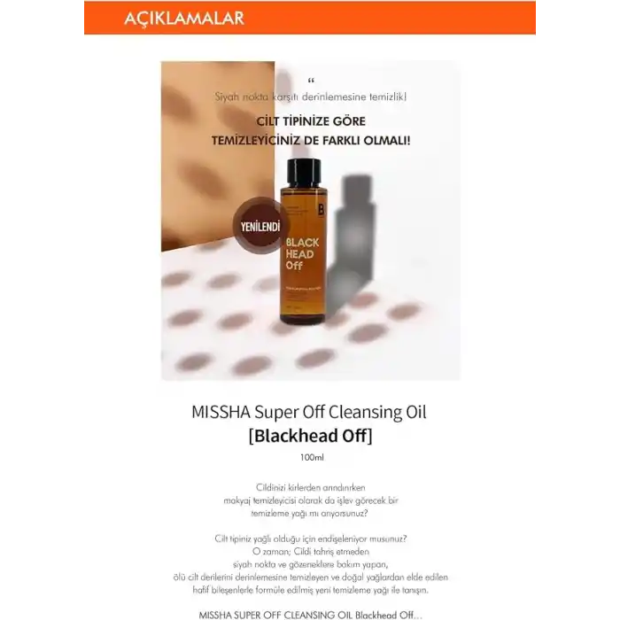 MISSHA Siyah Nokta Karşıtı Makyaj Temizleme Yağı 100ml Super Off Cleansing Oil (Blackhead Off)