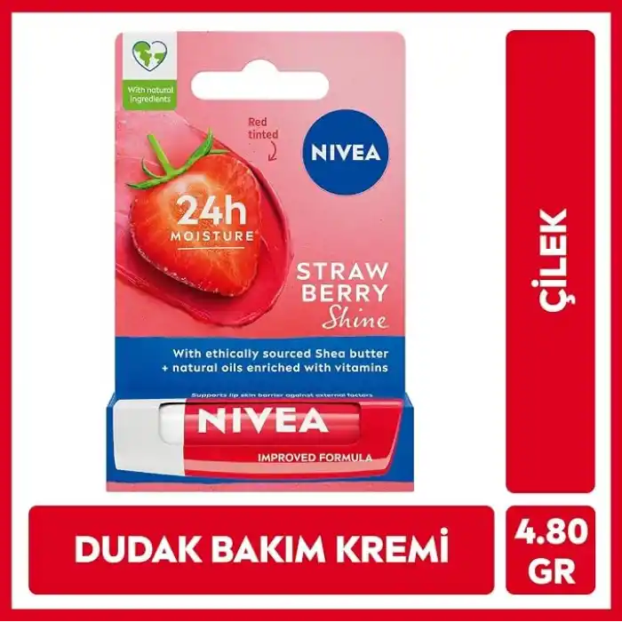NIVEA Çilek Dudak Bakım Kremi 4.8 gr, 24 Saat Nemlendirme,Çilek Kokusu,Işıltılı Renk,Mineral Yağı İçermez