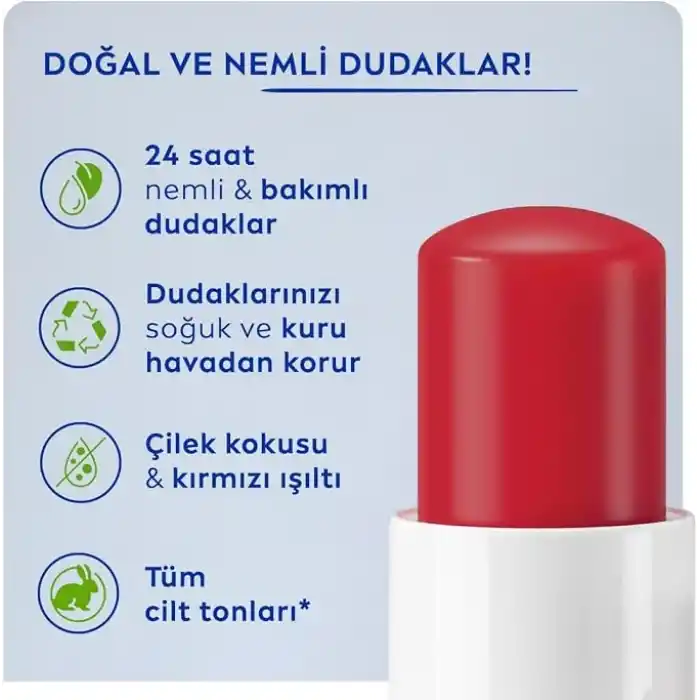 NIVEA Çilek Dudak Bakım Kremi 4.8 gr, 24 Saat Nemlendirme,Çilek Kokusu,Işıltılı Renk,Mineral Yağı İçermez