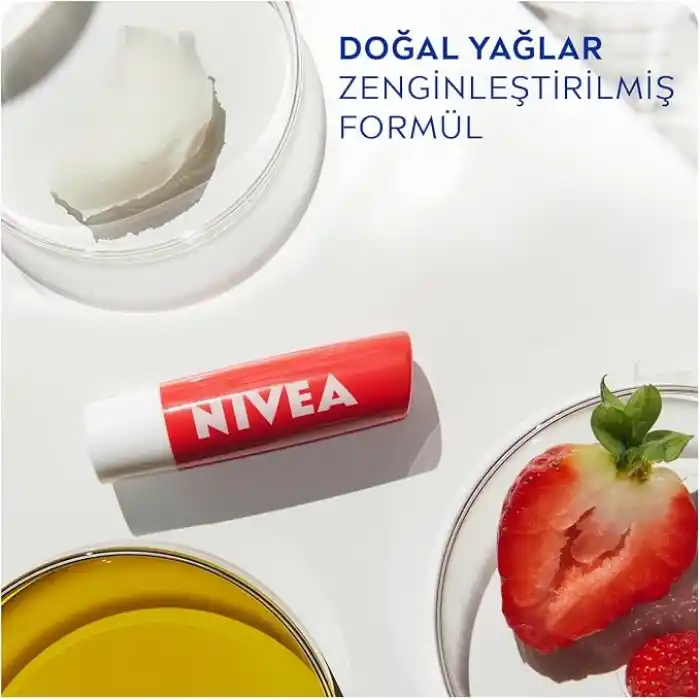 NIVEA Çilek Dudak Bakım Kremi 4.8 gr, 24 Saat Nemlendirme,Çilek Kokusu,Işıltılı Renk,Mineral Yağı İçermez